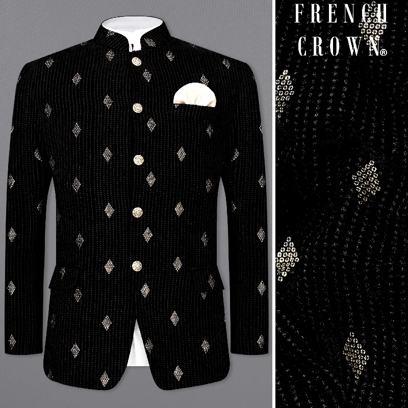 Athletic Fit Men's Olive Green Corduroy Blazer with Patch Pockets for a Rustic and Casual StyleJade Black Sequins Embroidered Bandhgala Blazer