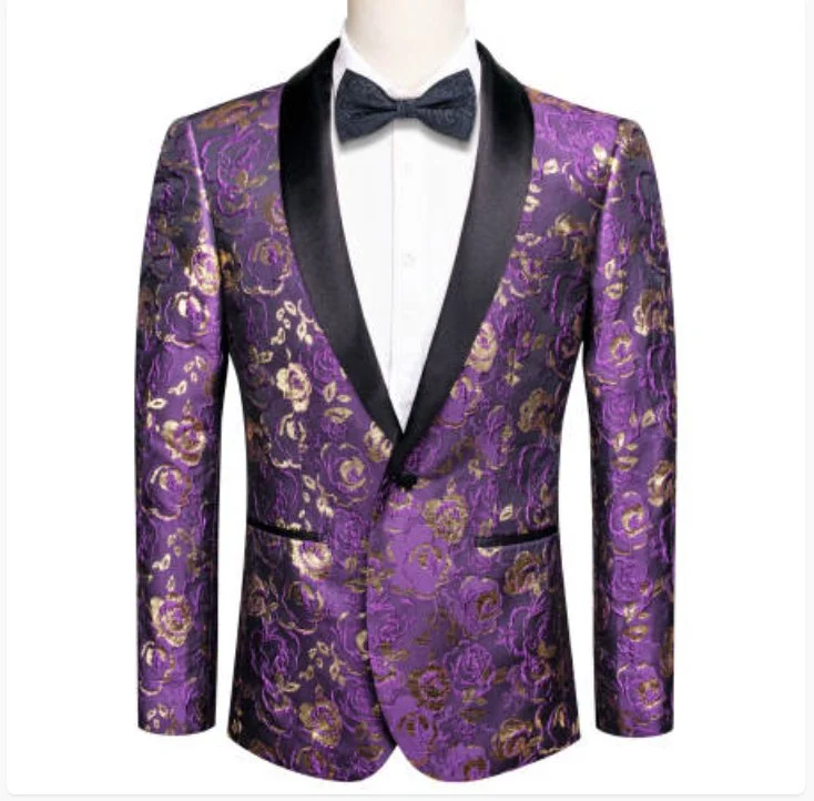 Men's Metallic - Trimmed Blazer in Silver for a Glamorous and Eye - Catching Party AttireSimon Von Men's  Purple Gold Paisley Jacquard Blazer Elegant Banquet Wedding Jacket-XX-1010