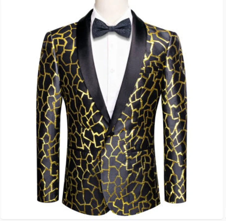 Men's Pin - Striped Wool - Blend Blazer in Navy and White for a Traditional Business AttireSimon Von Men's  Gold Black Paisley Jacquard Blazer Elegant Banquet Wedding Jacket-XX-1011