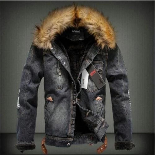 Stretch - fabric men jackets for unrestricted movement during workoutsThick Warm Winter Jacket Denim Outerwear Solid Coat for Men in S-4XL