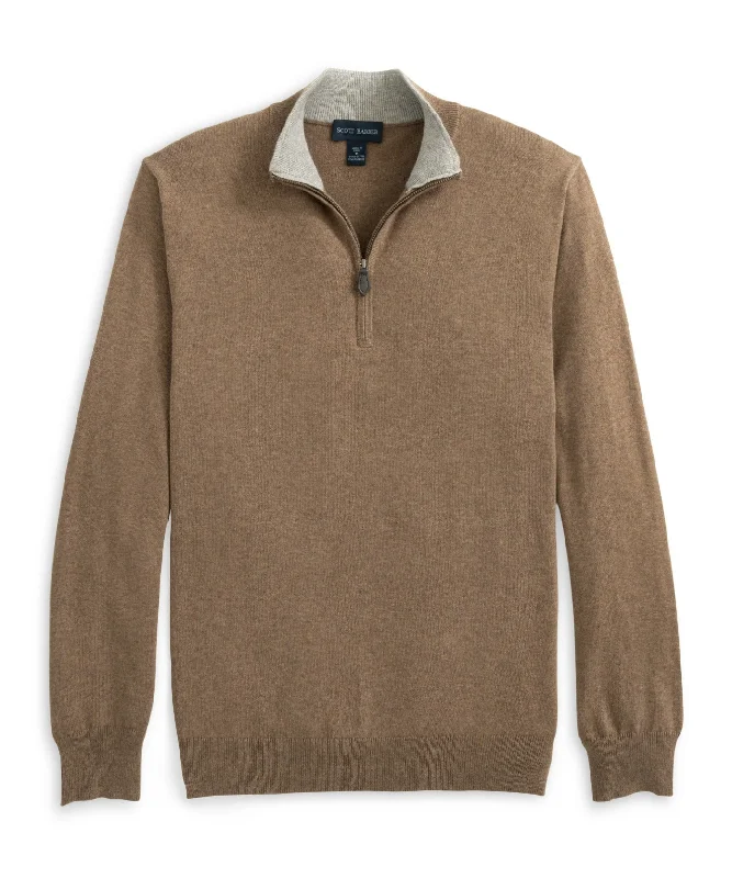 Plus Size Men's V - Neck Cashmere - Blend Sweater in Navy with Ribbed Trim for a Classic Style12GG Cotton/Cashmere 1/4 Zip, Taupe