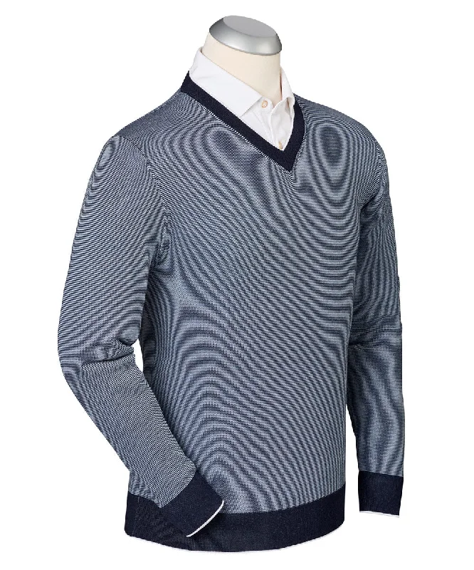 Men's Ribbed Bodycon Sweater in Red for a Sexy and Confident Night OutLuxe 100% Mercerized Cotton Hairline Stripe V-Neck Sweater