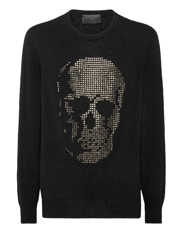 Men's Sequined Trimmed Sweater in Gold for a Glamorous New Year's PartyCashmere Pullover Round Neck LS Skull strass