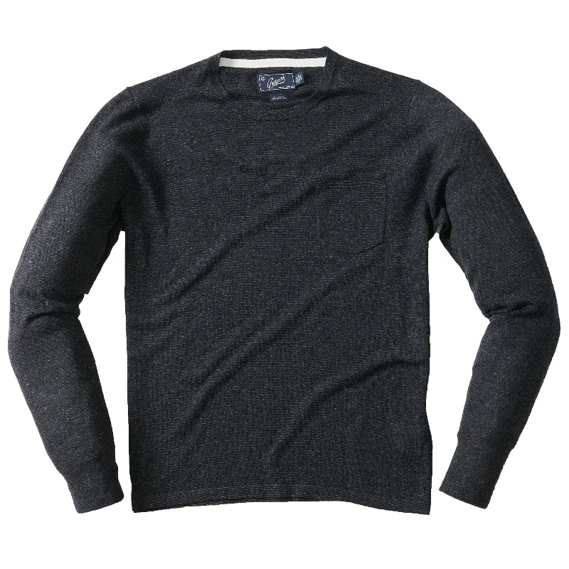 Men's Cable - Knit Turtleneck Merino Wool Sweater in Charcoal for a Winter Business LookFeatherweight Linen Cotton Sweater Tee - Black Charcoal Feeder Stripe