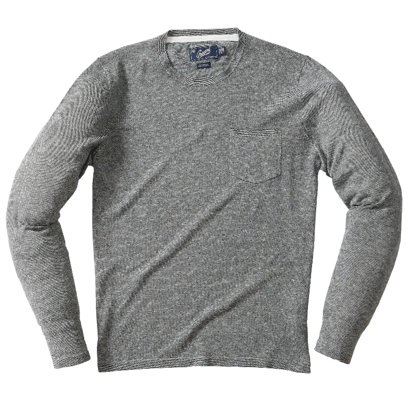 Men's Zip - Up Fleece - Lined Sweater in Black with Thumbholes for Outdoor Winter ActivitiesFeatherweight Linen Cotton Sweater Tee - Black Gray Feeder Stripe