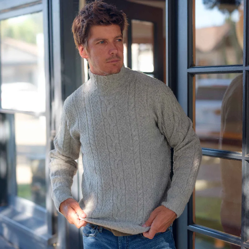 Regular Fit Men's Mock - Neck Sweater in Teal with a Side Slit for a Modern Office AttireFisherman Cable Turtleneck - Light Gray