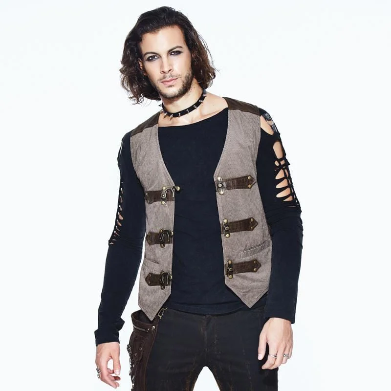 Plus Size Men's Striped Vest in Black and White for a Retro - Inspired LookMen's Leather Trimmed Military Style Punk Vest