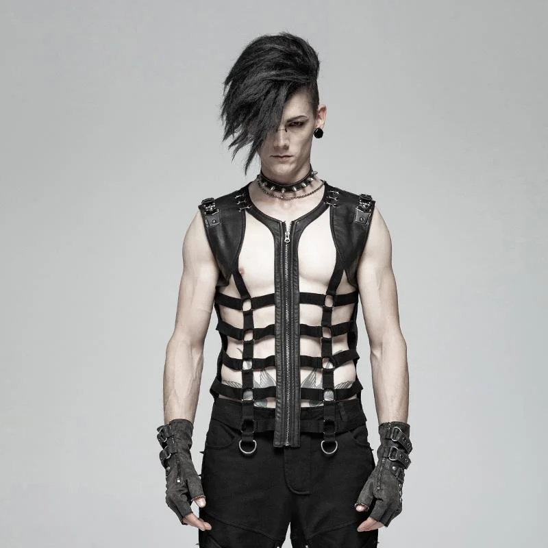 Plus Size Men's Embroidered Silk Vest in Gold for a Luxurious OccasionMen's Punk Faux Leather Hollowed-Out Vest