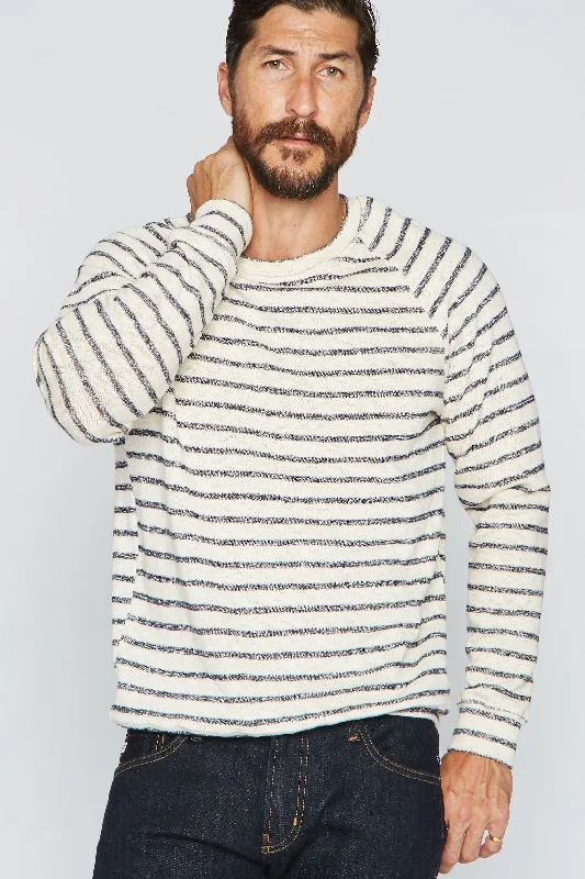 Men's Longline Merino Wool Cardigan in Charcoal with Buttons for a Sophisticated OutfitMen's Slub Jersey Pullover Sweater - Navy/Cream Stripe