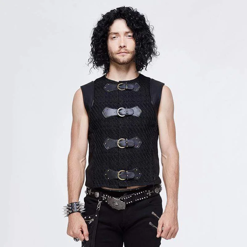 Plus Size Men's Embroidered Silk Vest in Gold for a Luxurious OccasionMen's Vintage Faux Leather Buckles Waistcoat
