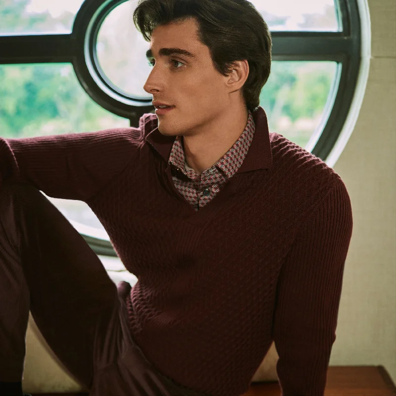 Men's Jacquard Patterned Wool - Acrylic Sweater in Purple for a Sophisticated Autumn OutfitMixed Stitch Johnny Collar Sweater