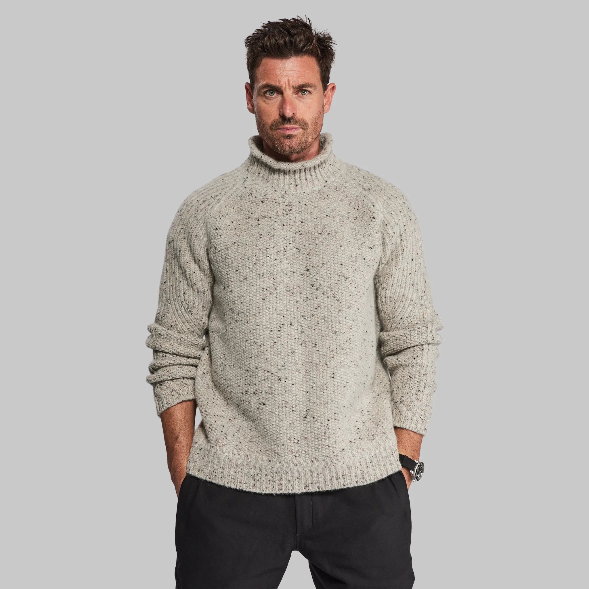 Men's Cable - Knit Turtleneck Merino Wool Sweater in Charcoal for a Winter Business LookPlanet Earth Guernsey Sweater. Grey edition.