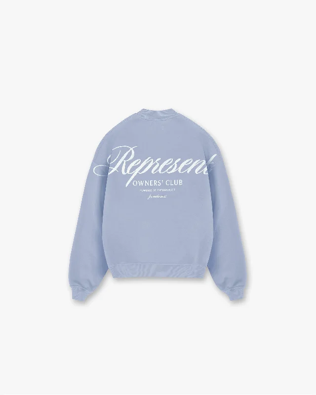 Plus Size Men's Striped Cotton - Blend Sweater in Navy and White for a Nautical - Themed VacationRepresent Owners Club Script Sweater - Dusty Blue