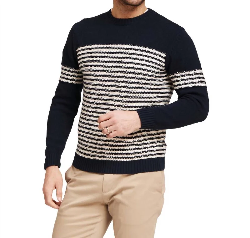 Men's Chunky Knit Fair Isle Patterned Wool Sweater in Multicolor for a Festive Holiday OutfitStriped Sweater In Navy Men's Chunky Knit Fair Isle Patterned Wool Sweater in Multicolor for a Festive Holiday OutfitStriped Sweater In Navy