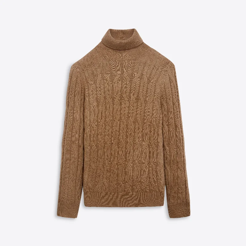 Slim Fit Men's Long - Sleeve Cotton - Linen Blend Sweater in Beige for a Summer Casual LookTurtle Neck Cable Jacquard Sweater