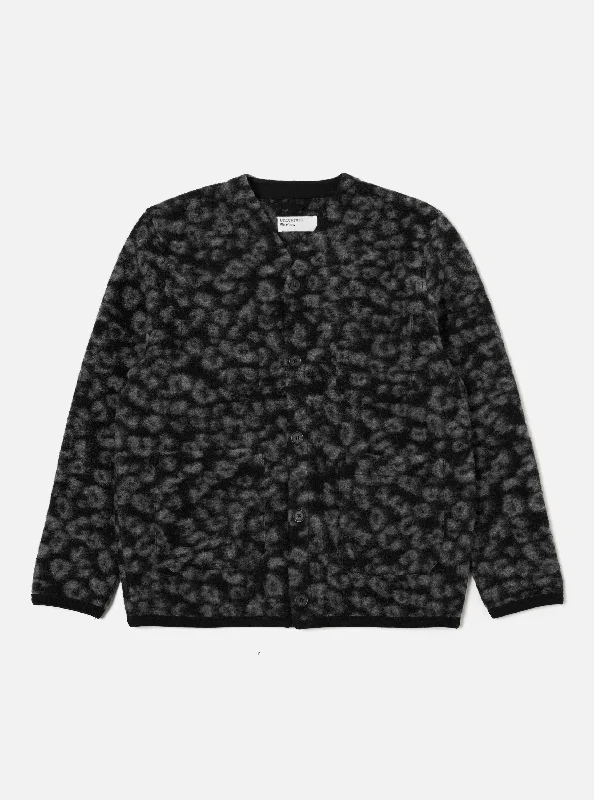 Men's Cable - Knit Cardigan in Beige with a Shawl Collar for a Traditional and Warm AppearanceUniversal Works Cardigan in Black/Charcoal Leopard Fleece Men's Cable - Knit Cardigan in Beige with a Shawl Collar for a Traditional and Warm AppearanceUniversal Works Cardigan in Black/Charcoal Leopard Fleece