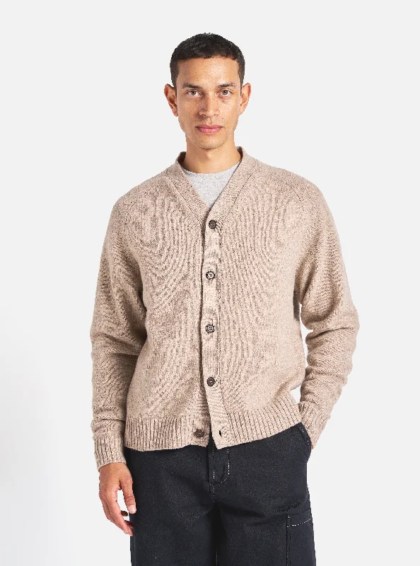 Tall Men's Linen Cardigan in Beige with a Roll - Up Sleeve Detail for a Relaxed StyleUniversal Works David Cardigan in Fawn Eco Wool Tall Men's Linen Cardigan in Beige with a Roll - Up Sleeve Detail for a Relaxed StyleUniversal Works David Cardigan in Fawn Eco Wool