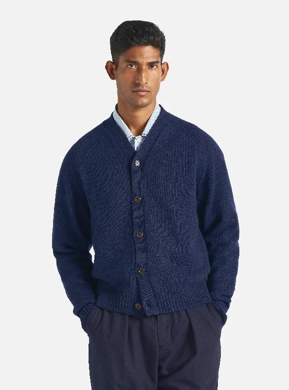 Men's Cable - Stitch Cardigan in Dark Green for a Rustic and Timeless AppearanceUniversal Works David Cardigan in Navy Eco Wool Men's Cable - Stitch Cardigan in Dark Green for a Rustic and Timeless AppearanceUniversal Works David Cardigan in Navy Eco Wool