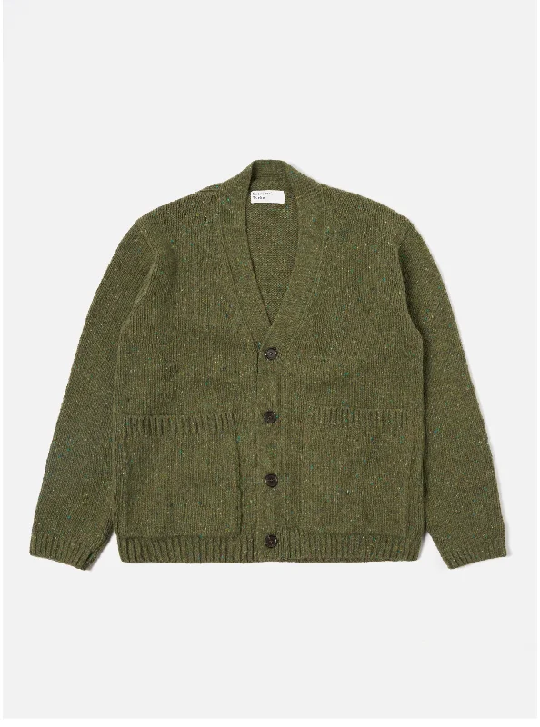 Men's Button - Down Mohair Cardigan in Burgundy for a Luxurious and Stylish AppearanceUniversal Works Langdale Cardigan in Green Tweed Knit