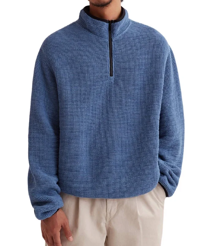 Men's Sequined Trimmed Sweater in Gold for a Glamorous New Year's PartyWaffle Gauze Quarter Zip Sweater In Coronet Blue