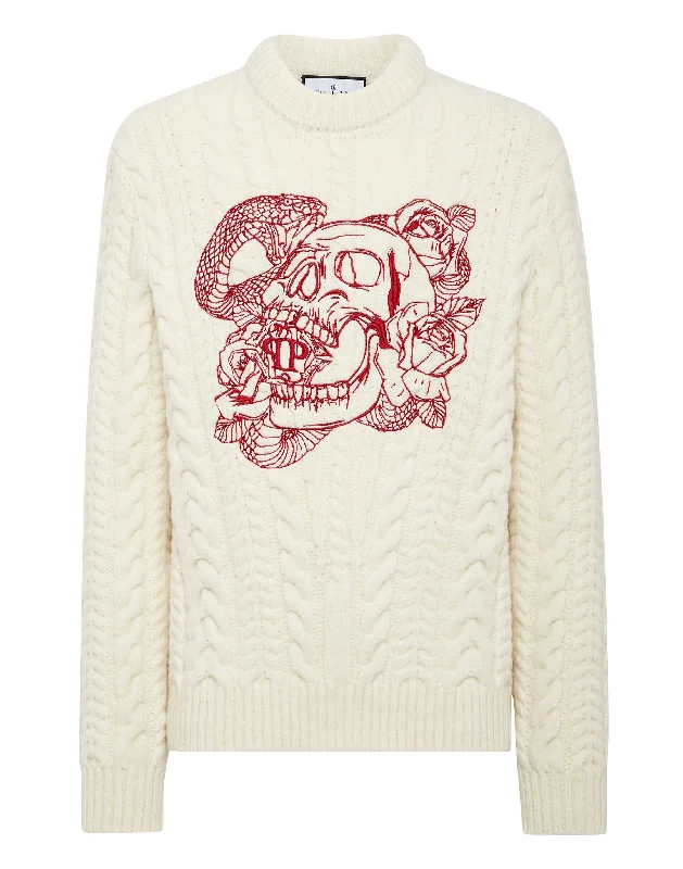 Men's Embroidered Floral Patterned Silk - Blend Sweater in Cream for a Spring - Inspired LookWool Sweater Skull