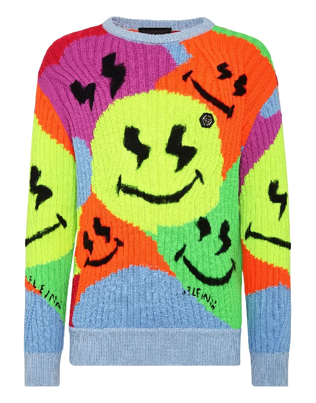 Men's Chunky Knit Fair Isle Patterned Wool Sweater in Multicolor for a Festive Holiday OutfitYarn Blend Wool Roundneck Smile Graffiti
