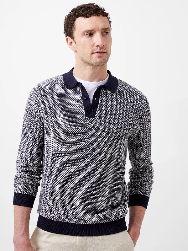 Plus Size Men's Checkered Cardigan in Black and White for a Classic Patterned PieceLong Sleeve Jacquard Polo Shirt Plus Size Men's Checkered Cardigan in Black and White for a Classic Patterned PieceLong Sleeve Jacquard Polo Shirt