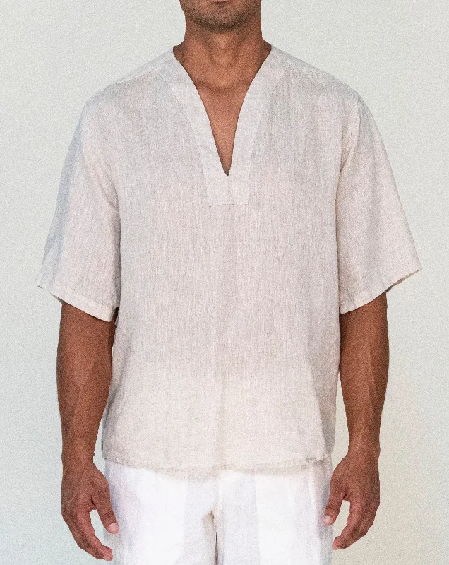 Men's shirtjackets with a thermal lining​2349 B  Natural Linen Collarless Tunic