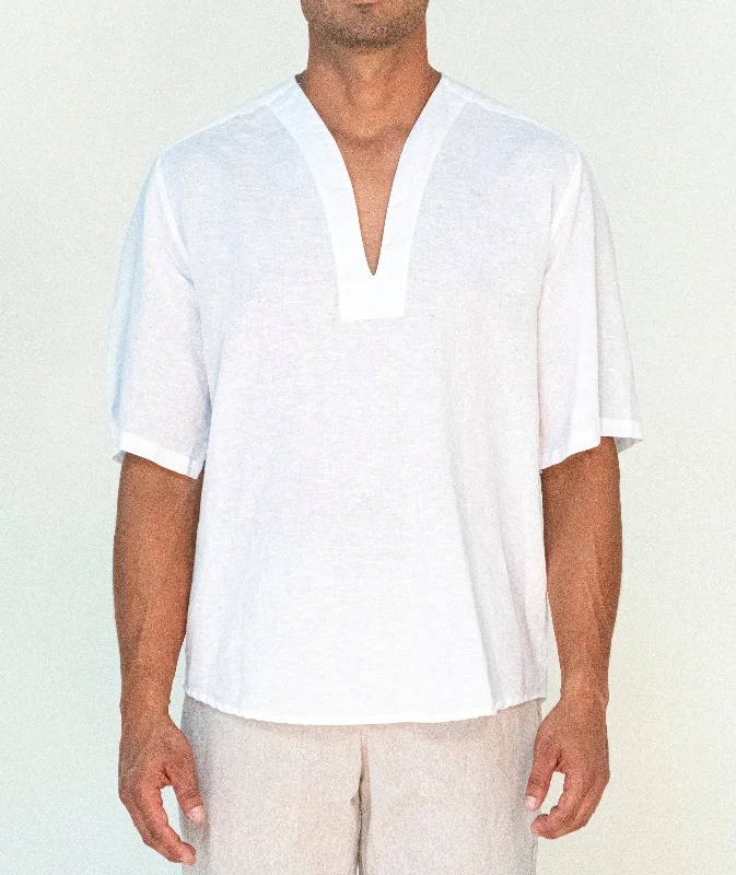 Men's shirtjackets with a concealed zipper​2349A White Linen Collarless Tunic