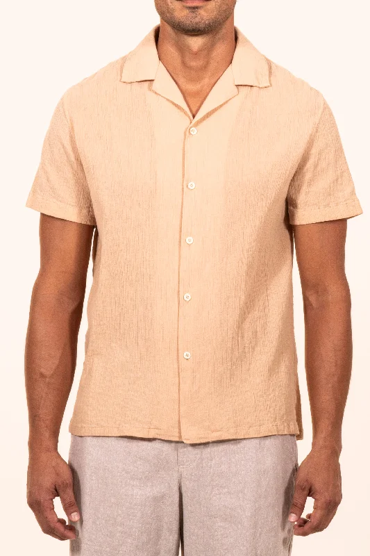 Men's shirtjackets with a high - low hem design​2370 B Camp Collar S/SL Gauze Shirt - Sand