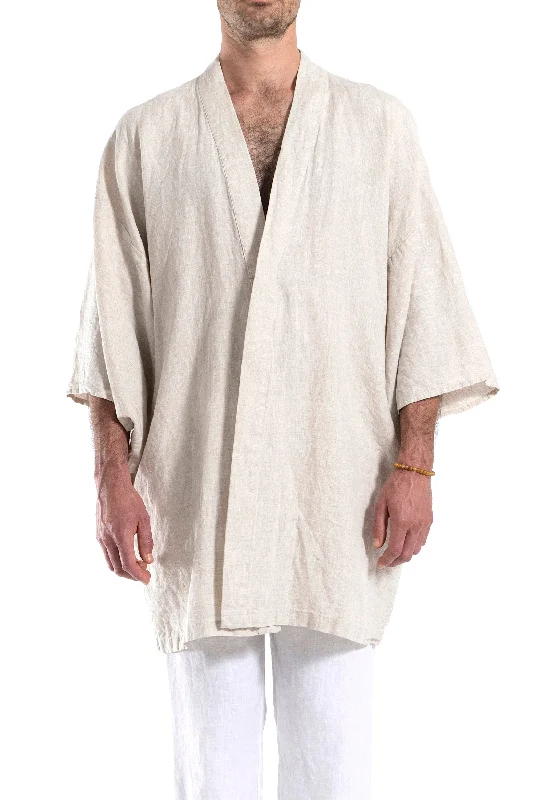 Men's shirtjackets with a hooded drawstring​2342 B  Natural Linen Kimono