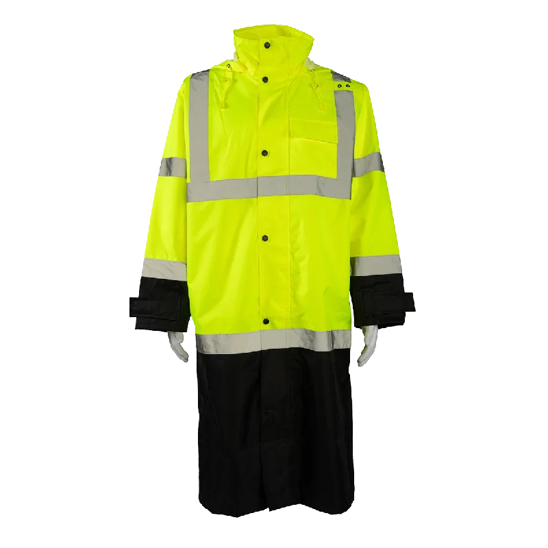 Men's raincoats with a packable hood that tucks awayLBRC-48-C3 ANSI Class 3 Black Bottom Waterproof 48” Long Rain Coat Men's raincoats with a packable hood that tucks awayLBRC-48-C3 ANSI Class 3 Black Bottom Waterproof 48” Long Rain Coat