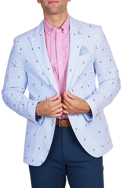 Men coats with a zip - out lining for easy cleaning and versatilityBlue Seersucker Pinstripe Byrd Print Sport Coat