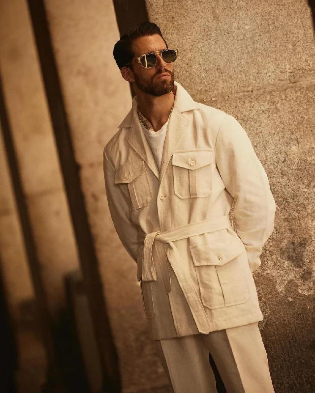 Men's long - length shirtjackets for maximum coverage​Safari Jacket in Linen Cotton Canvas Off White
