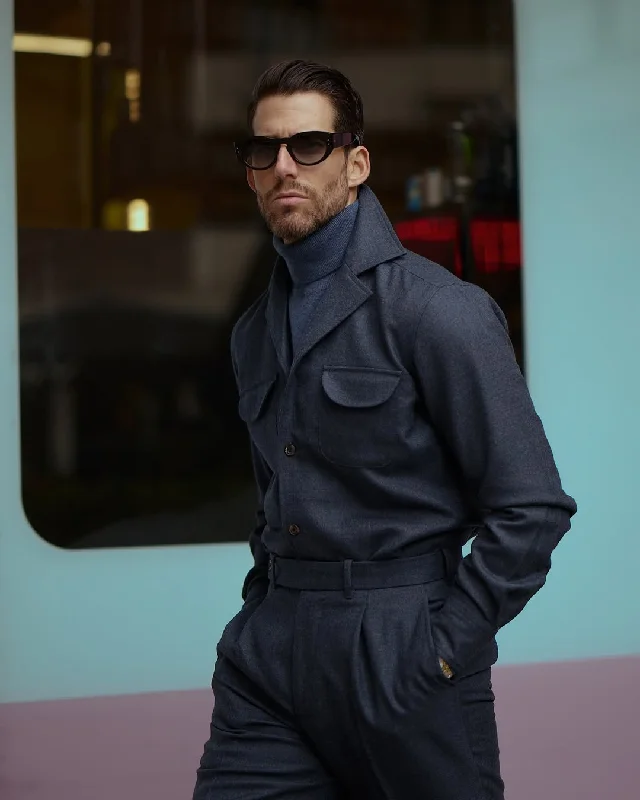 Men's shirtjackets with a waxed - cotton exterior​Dugdale Navy Blue Wool Flannel Shirt Jacket