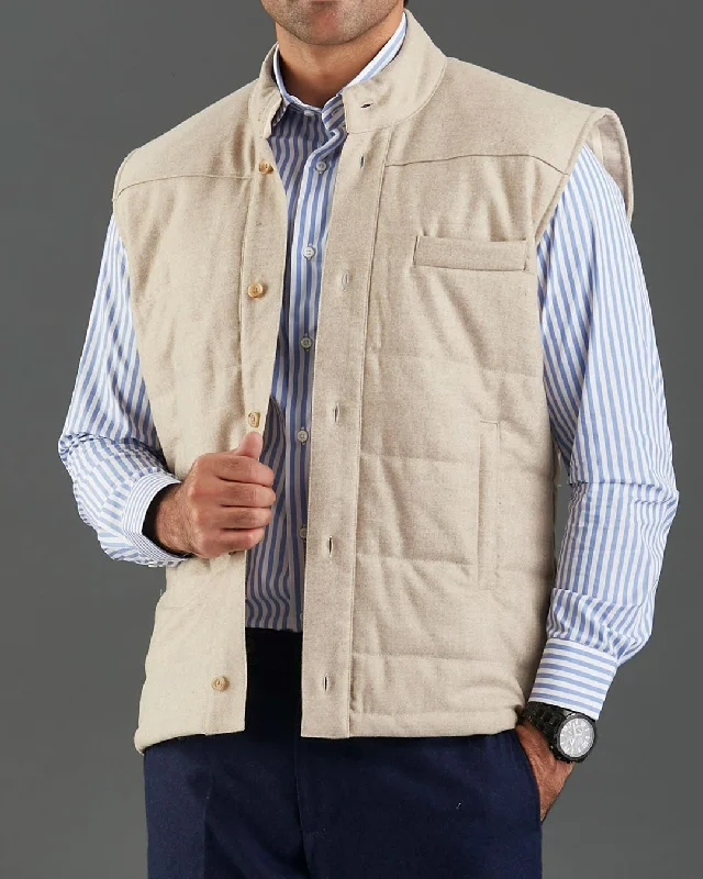 Men's windproof shirtjackets for outdoor activities​EThomas: Vintage Ecru Classic Flannel Quilted Gilet / Vest