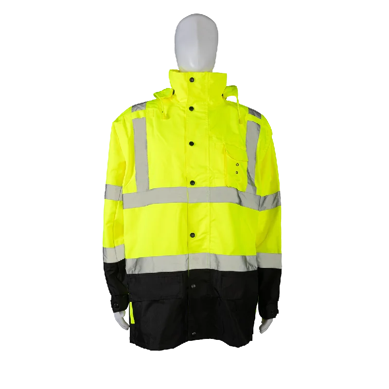 Men's raincoats with a zip - out hood for different looksLBPJLW-C3 ANSI Class 3 High-Vis Lime / Black Bottom Waterproof Light Weight Parka Jacket / Trench Coat Men's raincoats with a zip - out hood for different looksLBPJLW-C3 ANSI Class 3 High-Vis Lime / Black Bottom Waterproof Light Weight Parka Jacket / Trench Coat