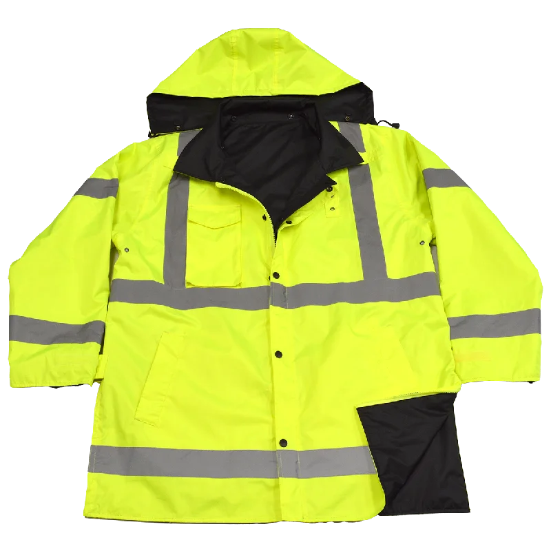 Men's raincoats with a side - zip pockets for easy accessLBPJRV-C3 ANSI Class 3 Lime/ Black Reversible Waterproof Rain Parka Jacket Men's raincoats with a side - zip pockets for easy accessLBPJRV-C3 ANSI Class 3 Lime/ Black Reversible Waterproof Rain Parka Jacket