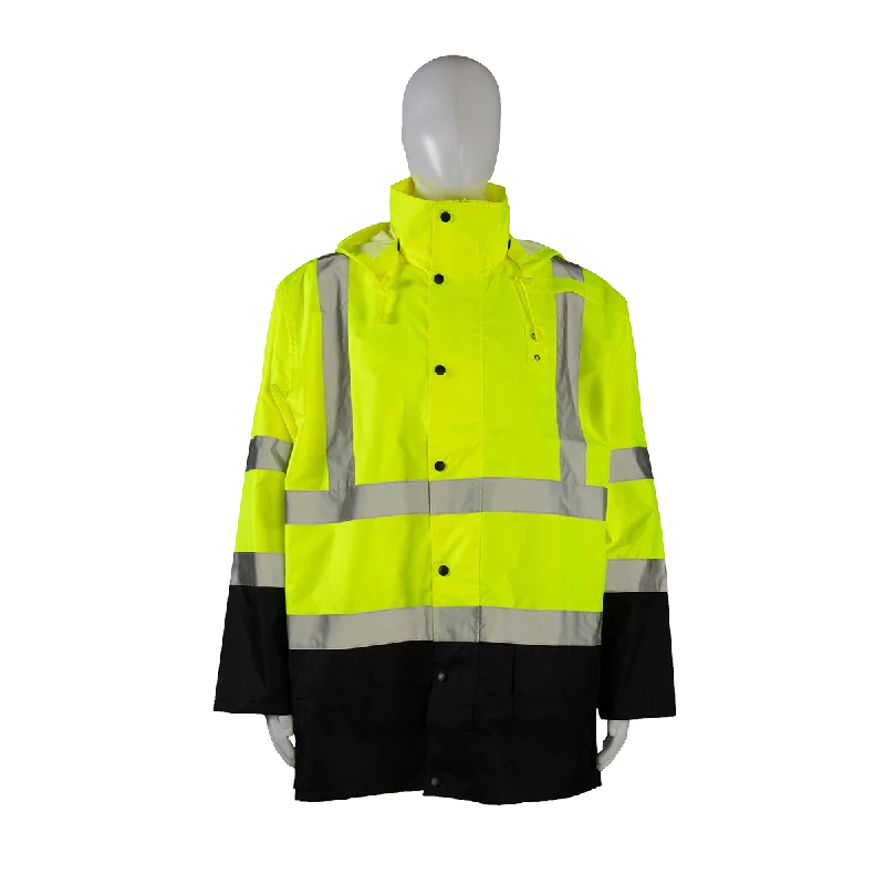 Men's raincoats with a two - way zipper for ease of movementLBRJK-C3 ANSI/ISEA Class 3 Lime/Black Waterproof Rain Jacket Men's raincoats with a two - way zipper for ease of movementLBRJK-C3 ANSI/ISEA Class 3 Lime/Black Waterproof Rain Jacket