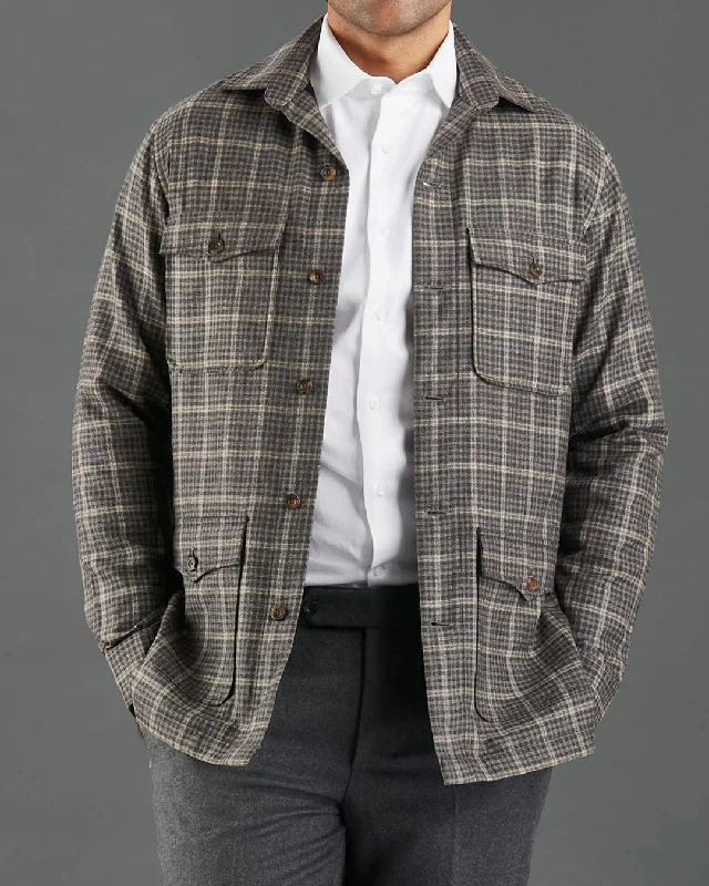 Men's shirtjackets with multiple pockets​Loro Piana Brown and Grey Overchecks Shirt Jacket