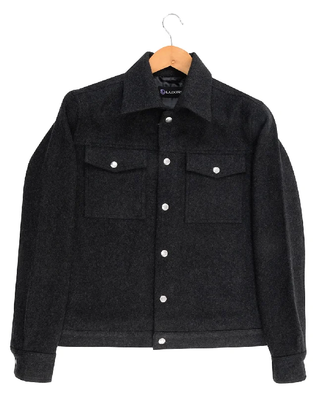 Men's shirtjackets with a hooded visor​Luxire Charcoal Grey Wool Shirt Jacket