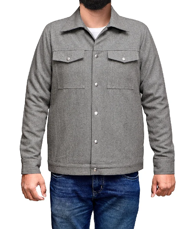 Men's shirtjackets with a ribbed cuffs and hem​Luxire Light Grey Wool Shirt Jacket