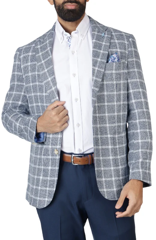 Men coats with a detachable faux - fur collar for a trendy and warm touchNavy Windowpane Textured Sport Coat
