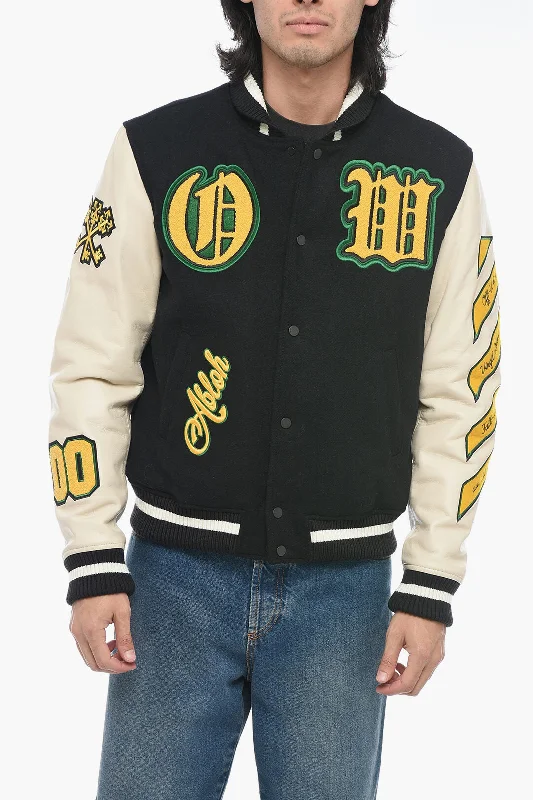 Stylish men coats with a double - breasted design for a formal lookOff-White Leather Varsity Bomber with Patchwork Stylish men coats with a double - breasted design for a formal lookOff-White Leather Varsity Bomber with Patchwork
