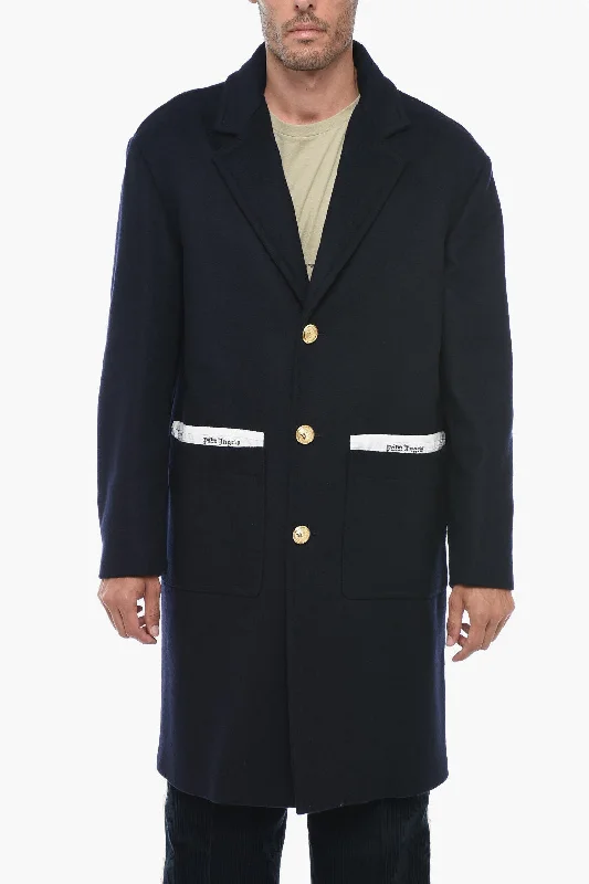 Men coats with a stand - up collar for a sleek and modern lookPalm Angels Wool Blend TAPE UNIFORM Coat with Logoed Buttons