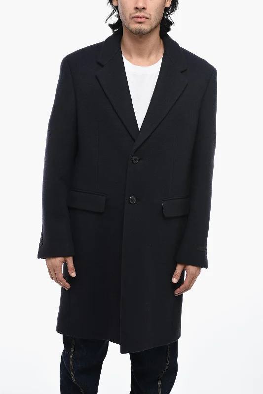 Long - line men coats reaching below the knee for maximum coveragePrada Virgin Wool Blended Coat with Oversized Fit