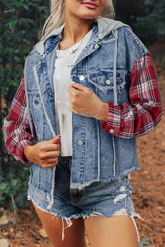 Men's long sleeve flannel plaid shirts with a classic rustic lookBeau Blue Plaid Print Patchwork Hooded Raw Hem Denim Jacket Men's long sleeve flannel plaid shirts with a classic rustic lookBeau Blue Plaid Print Patchwork Hooded Raw Hem Denim Jacket