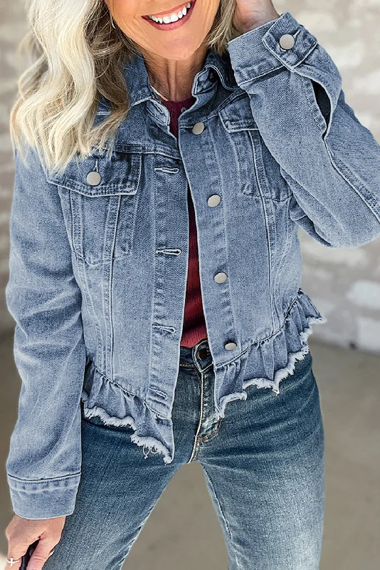 Men's long sleeve fleece - lined shirts for extreme cold weatherBeau Blue Ruffle Raw Hem Flap Pockets Denim Jacket Men's long sleeve fleece - lined shirts for extreme cold weatherBeau Blue Ruffle Raw Hem Flap Pockets Denim Jacket