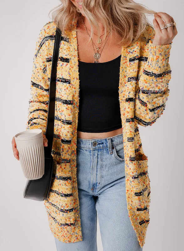 Men's printed long sleeve Hawaiian shirts for tropical getawaysBeige Striped Pom Pom Knit Open Front Long Cardigan