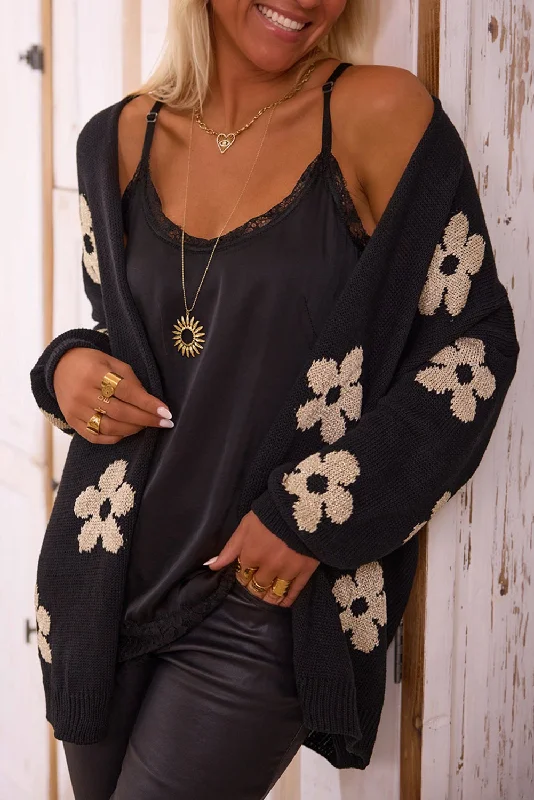 Men's thermal long sleeve base layer shirts for winter skiingBlack Floral Print Knitted Open Front Loose Cardigan Men's thermal long sleeve base layer shirts for winter skiingBlack Floral Print Knitted Open Front Loose Cardigan